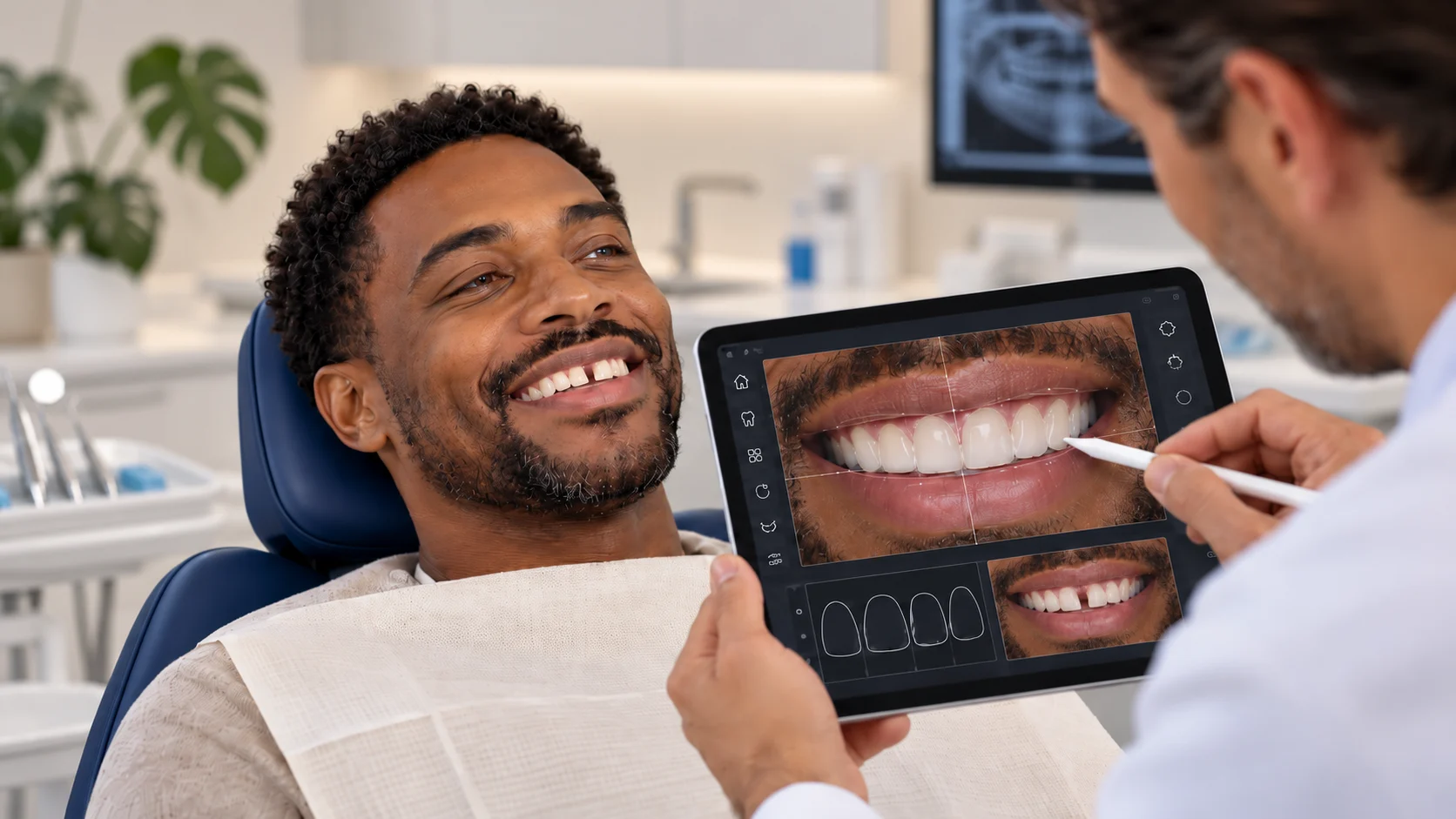 Smile design digitale su tablet durante la progettazione estetica del sorriso