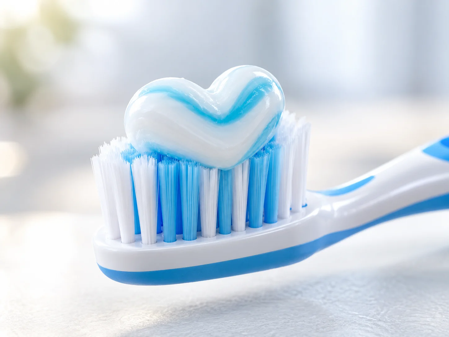 Dentifricio disposto sullo spazzolino in forma di cuore, immagine simpatica e pulita.