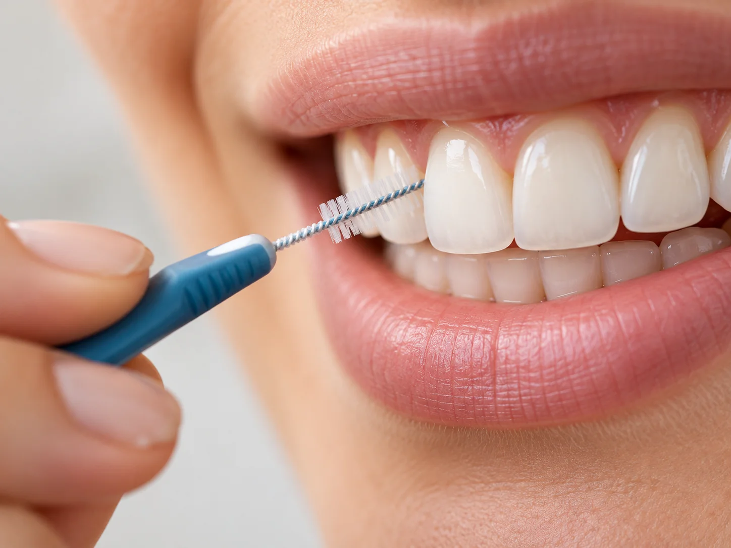 Scovolino interdentale in uso vicino ai denti, fotografia clinica realistica.