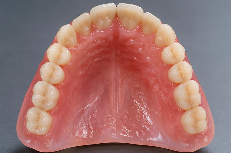 Protesi totale superiore vista dal lato del palato, con base rosa e denti artificiali