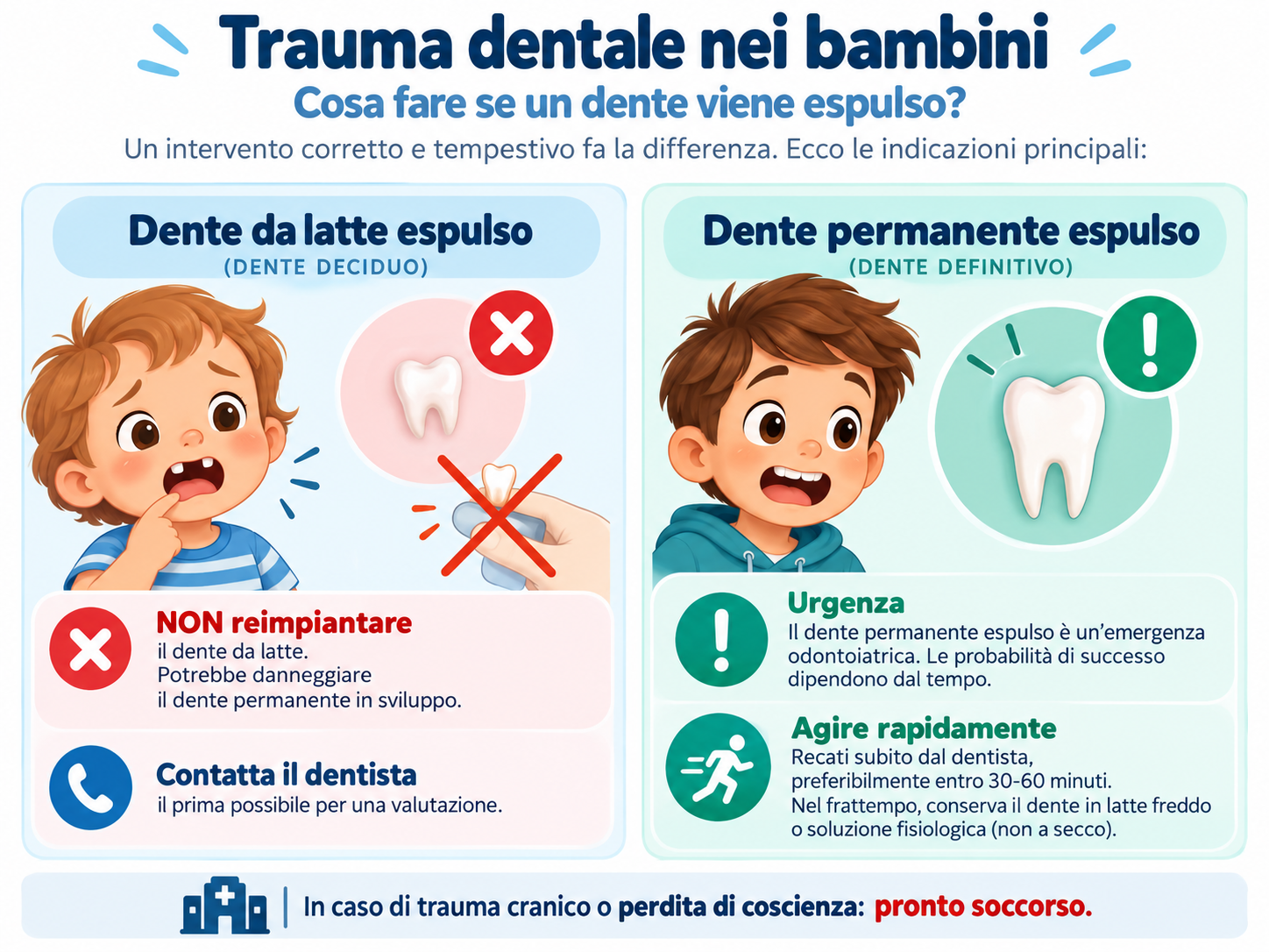 Infografica per genitori: differenza tra dente da latte espulso e dente permanente espulso in caso di trauma dentale nei bambini