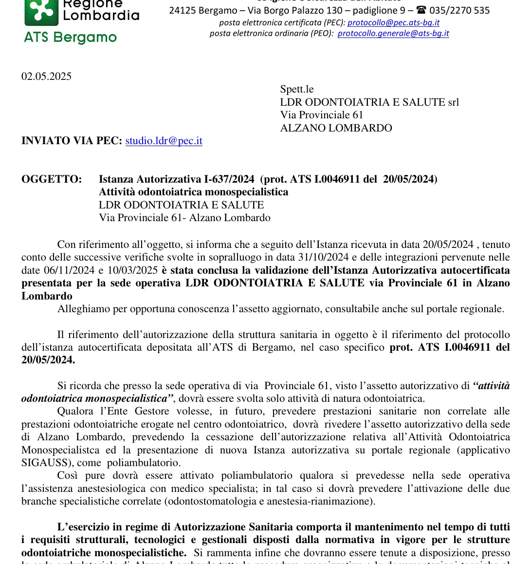 Comunicazione ATS Bergamo relativa all’autorizzazione sanitaria LDR