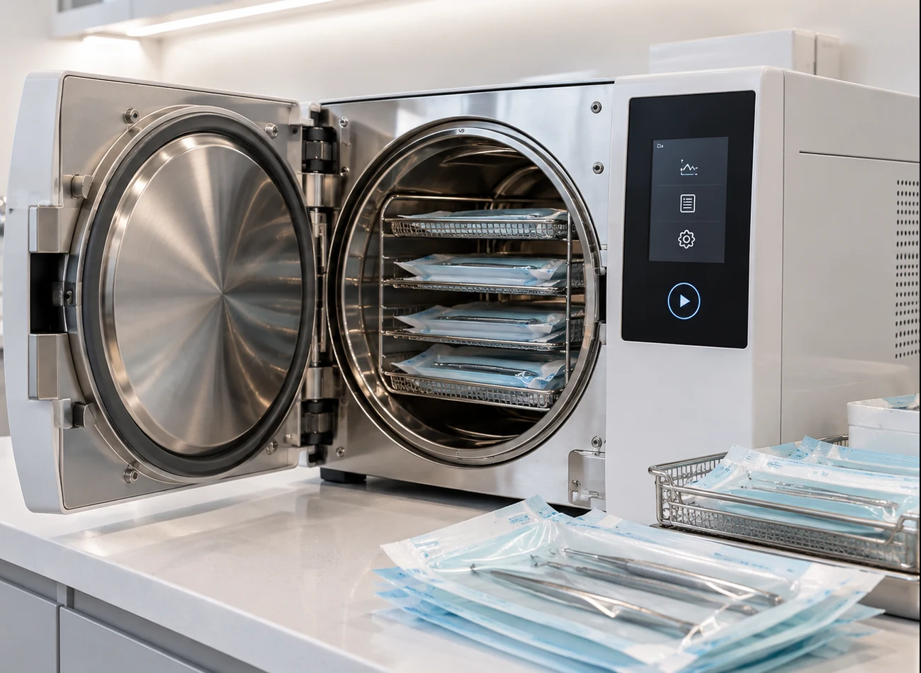 Dettaglio di autoclave con buste per sterilizzazione