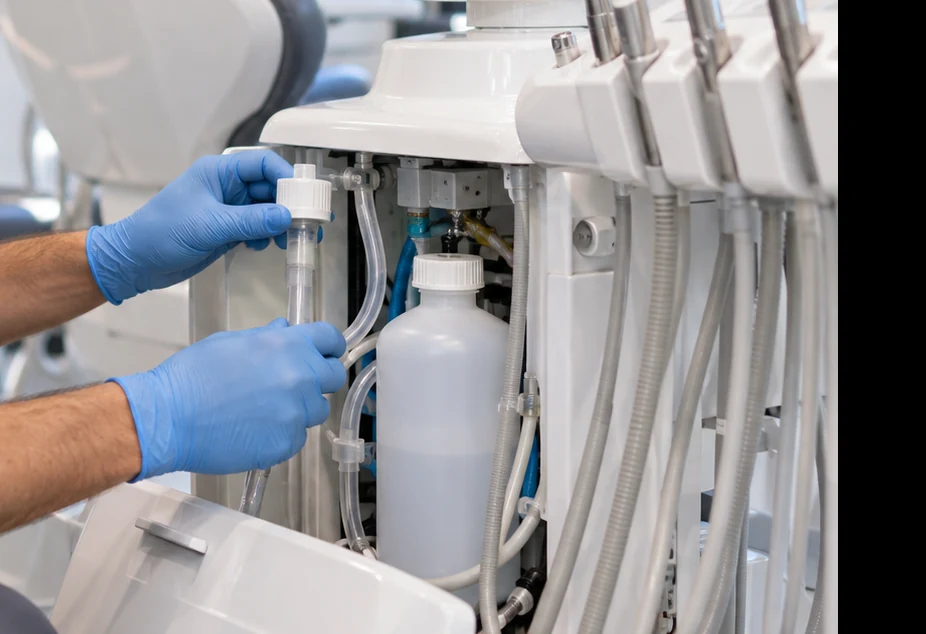 Dettaglio di un controllo tecnico su apparecchiatura odontoiatrica