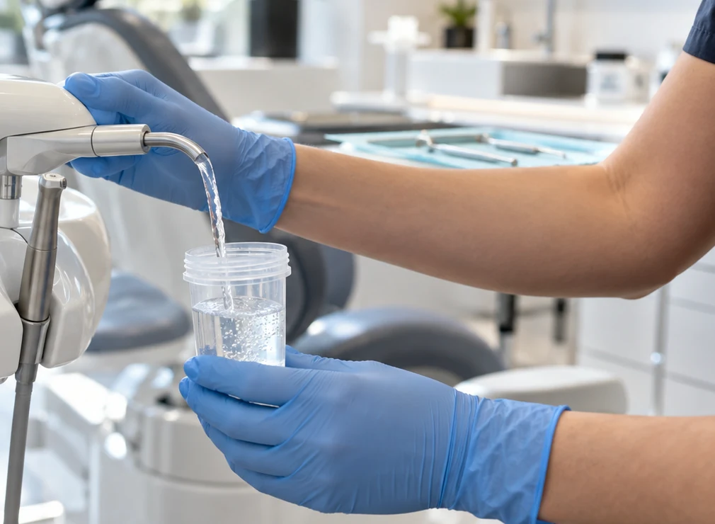 Dettaglio di un campionamento dell’acqua da riunito odontoiatrico